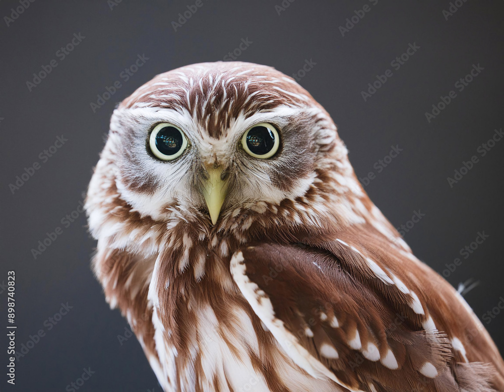 Close-up portrait of owl with captivating yellow eyes against muted background Close-up portrait of owl with captivating yellow eyes against muted background