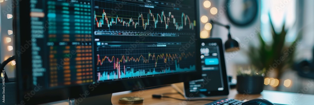 A computer screen displays a digital financial chart and tax forms with a focus on the word TAX in the center of the screen A computer screen displays a digital financial chart and tax forms with a focus on the word TAX in the center of the screen
