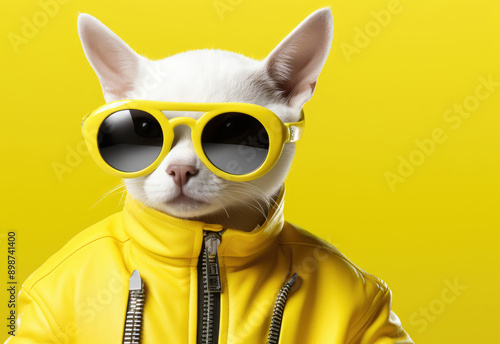 Lynx with glasses. Close-up portrait of a lynx. An anthopomorphic creature. A fictional character for advertising and marketing. Humorous character for graphic design. photo