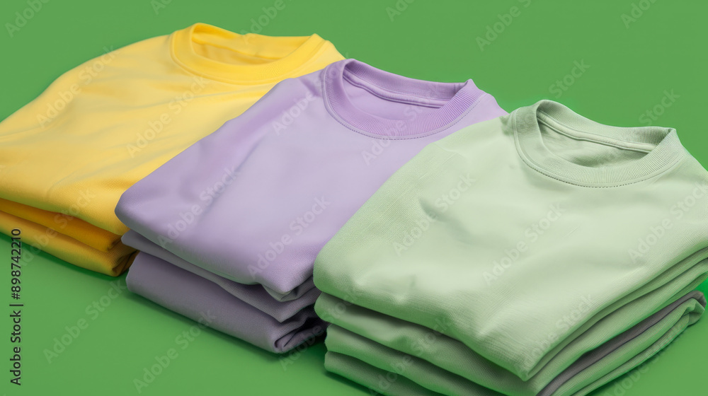 set of pile stack group of folded blank pastell yellow green purple tshirts set of pile stack group of folded blank pastell yellow green purple tshirts