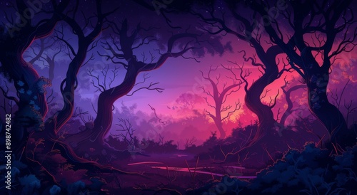 Silhouetted Trees Against a Purple and Pink Sunset in a Forest