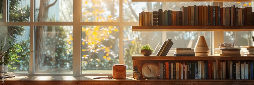 A close-up view of modern bookshelves filled with books and decorative objects in a sunlit room A close-up view of modern bookshelves filled with books and decorative objects in a sunlit room