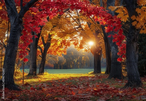 Sunlit Autumn Forest With Vibrant Red Leaves