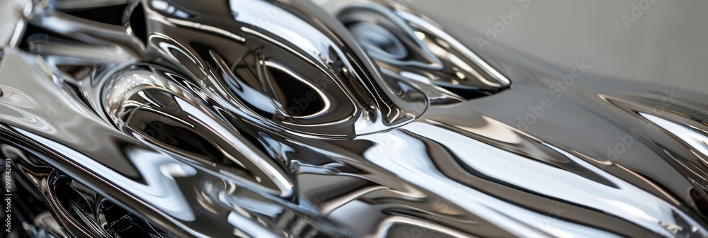 A close-up view of a futuristic sculpture with sleek lines and a polished chrome finish A close-up view of a futuristic sculpture with sleek lines and a polished chrome finish