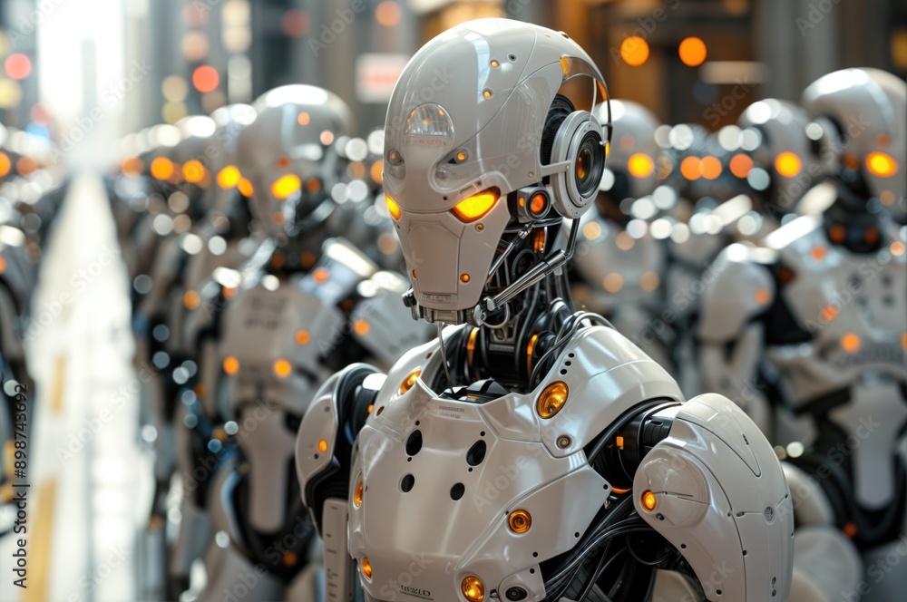 Sleek futuristic robots on the street of a technologically advanced city, reflecting the splendor of modern technology. Sleek futuristic robots on the street of a technologically advanced city, reflecting the splendor of modern technology.