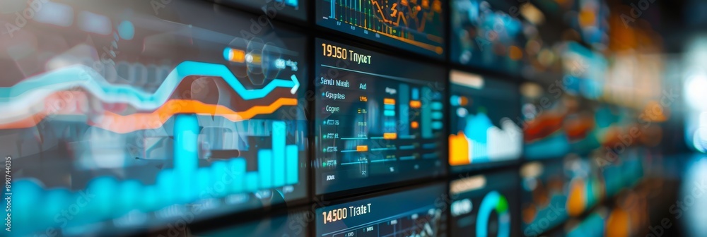 A close-up view of a digital dashboard displaying various graphs, charts, and data points, highlighting key performance indicators and market trends for business growth A close-up view of a digital dashboard displaying various graphs, charts, and data points, highlighting key performance indicators and market trends for business growth