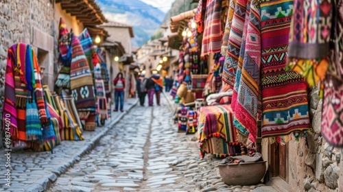 A colorful market with many different types of rugs and blankets. The atmosphere is lively and bustling with people walking around and browsing the goods
