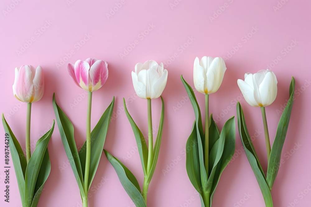 Fototapeta premium cheerful spring arrangement of pastel tulips on soft pink background flat lay composition with delicate blooms creates a fresh feminine aesthetic perfect for greeting cards or social media