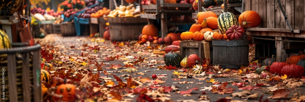 A bustling outdoor market showcasing a variety of gourds and pumpkins, surrounded by colorful fall leaves, creating a vibrant festive atmosphere A bustling outdoor market showcasing a variety of gourds and pumpkins, surrounded by colorful fall leaves, creating a vibrant festive atmosphere