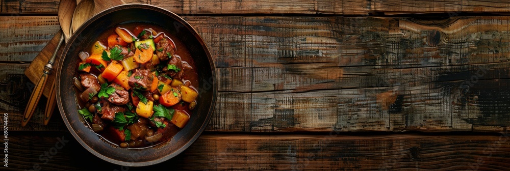 A rustic bowl of hearty vegetable stew with chunky meat and fresh herbs, on a wooden surface. Rich colors and aromatic herbs fill the air A rustic bowl of hearty vegetable stew with chunky meat and fresh herbs, on a wooden surface. Rich colors and aromatic herbs fill the air