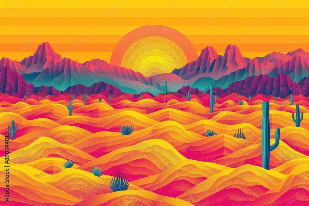 Abstract Desert Landscape with Sunset and Cacti Abstract Desert Landscape with Sunset and Cacti