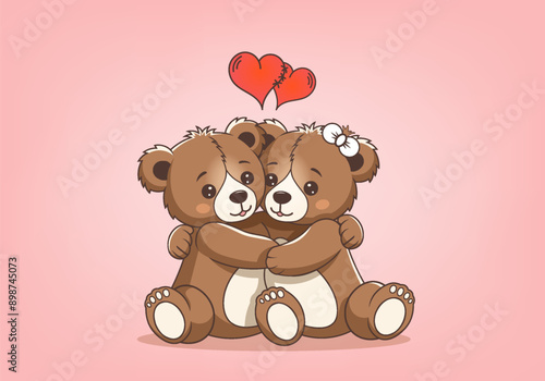 Vector cartoon cute sitting hugging loving teddy bears. Two hearts. Valentines Day holiday. Celebration and feeling of love. Kind emotions of plush toys.