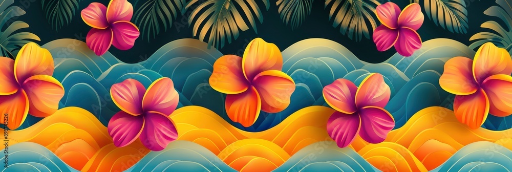 Tropical Flower and Ocean Wave Pattern Tropical Flower and Ocean Wave Pattern