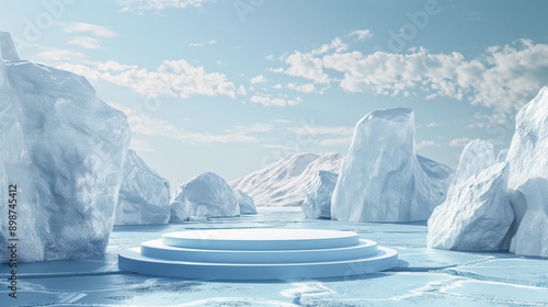 pódio gelado em um cenário de inverno congelado, com montanhas cobertas de neve e icebergs, perfeito para exibir produtos em um ambiente fresco, sereno e imaculado © vitor
