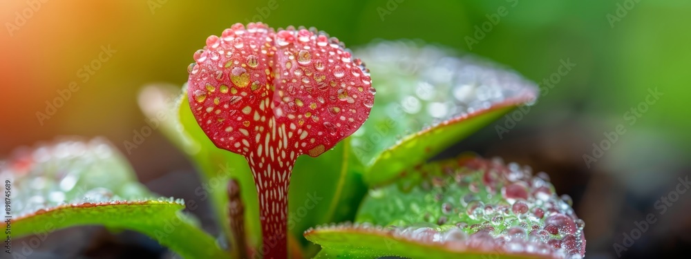 A tight shot of a red blossom, adorned with water beads on its petals In the backdrop, a verdant leaf unfurls A tight shot of a red blossom, adorned with water beads on its petals In the backdrop, a verdant leaf unfurls