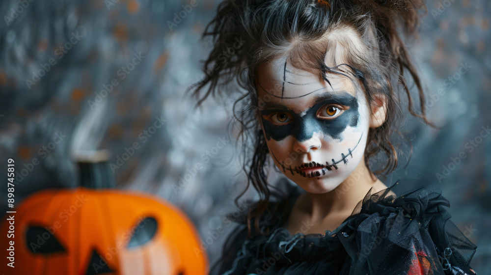 Child in spooky halloween makeup poses in a dark, eerie halloween scene Child in spooky halloween makeup poses in a dark, eerie halloween scene