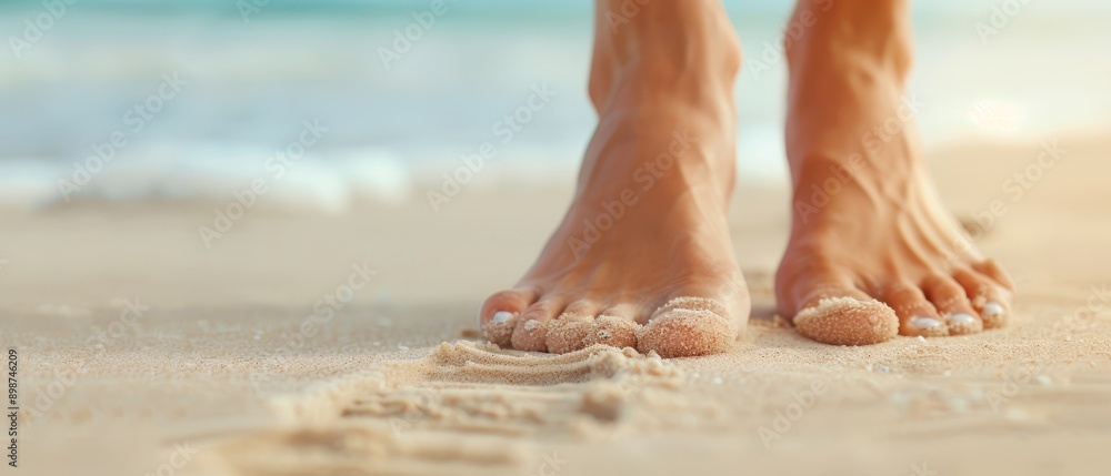 A tight shot of feet buried in sand against an expansive ocean backdrop A tight shot of feet buried in sand against an expansive ocean backdrop