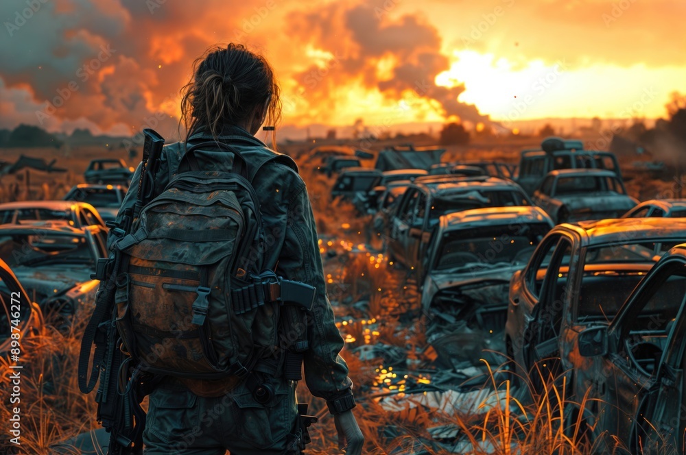 A surviving girl in a jacket with a backpack and a weapon against the backdrop of rusty cars, sunset and thick smoke in a post-apocalyptic world. A surviving girl in a jacket with a backpack and a weapon against the backdrop of rusty cars, sunset and thick smoke in a post-apocalyptic world.