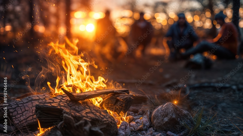 Friends Gathering Around a Campfire at Sunset in the Woods