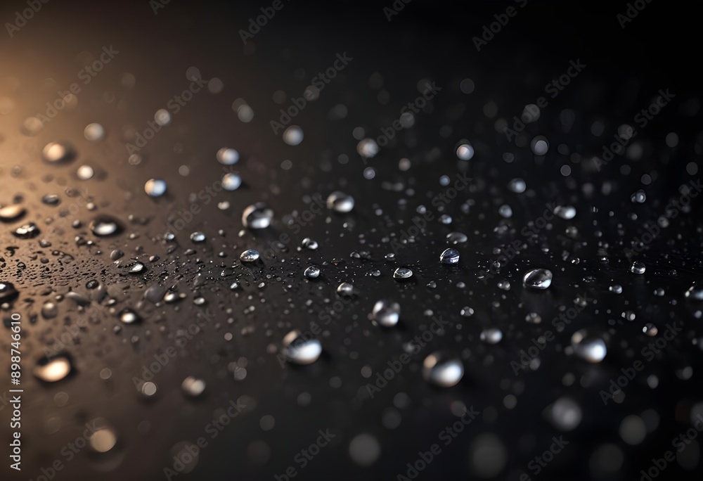 Water round droplets , macro on a dark mettallic shiny slab surface against a blurred background Water round droplets , macro on a dark mettallic shiny slab surface against a blurred background