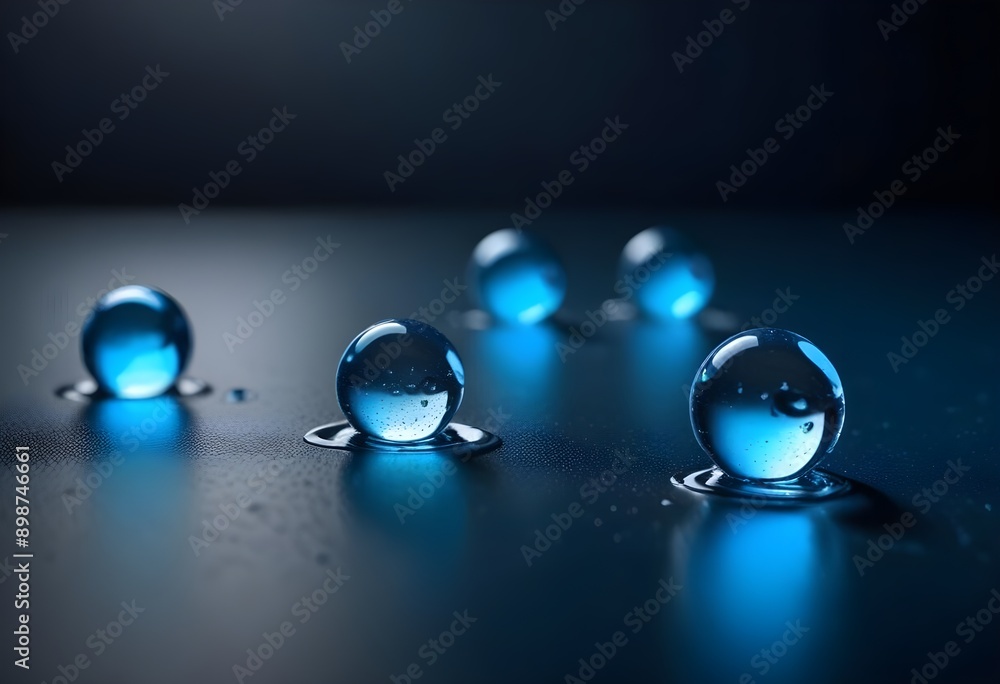 Water round droplets , macro on a dark mettallic shiny slab surface against a blurred background Water round droplets , macro on a dark mettallic shiny slab surface against a blurred background