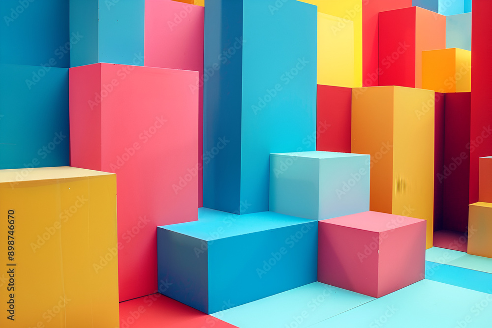 Obraz premium A vibrant striped wall in a modern urban setting with a long bench, showcasing bold colors and geometric patterns.