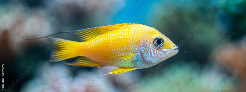A tight shot of a small, yellow fish swimming near corals against an aquarium backdrop, with clear water in the front A tight shot of a small, yellow fish swimming near corals against an aquarium backdrop, with clear water in the front