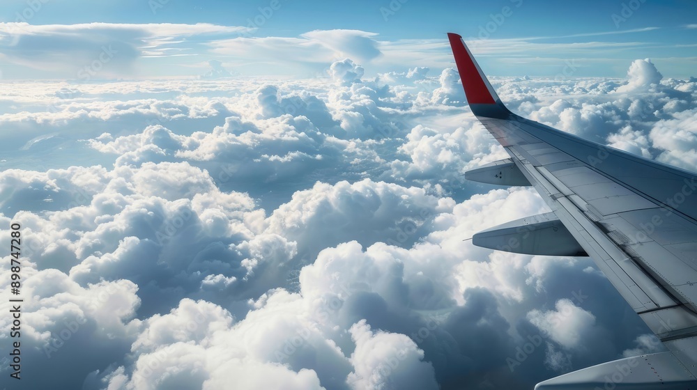 Fototapeta premium Clouds seen from above an airplane wing, high altitude travel, aerial clouds