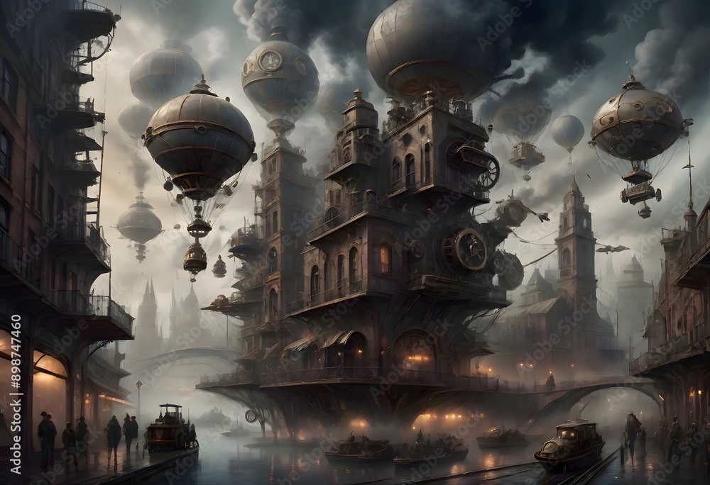 Obraz premium Intricate steampunk cityscape featuring airships and towering structures with a blend of vintage and futuristic elements, Generative AI.