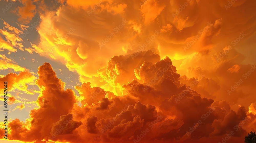 Naklejka premium Puffy clouds in a bright orange sunset sky, bold and vibrant colors, sunset glow