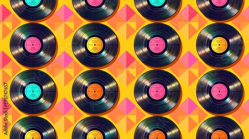 Retro Vinyl Records Pattern on Yellow Background