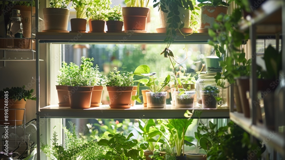 Compact indoor garden setup with potted plants on shelves, DIY gardening, Compact indoor garden setup with potted plants on shelves, DIY gardening,