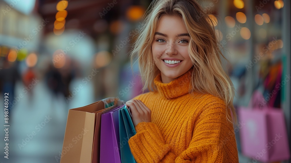Smiling Woman Holding Shopping Bags, Ideal for Fashion and Lifestyle Content Smiling Woman Holding Shopping Bags, Ideal for Fashion and Lifestyle Content