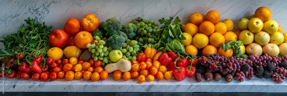 A vibrant array of fresh fruits and vegetables are arranged in a colorful display on a kitchen countertop A vibrant array of fresh fruits and vegetables are arranged in a colorful display on a kitchen countertop