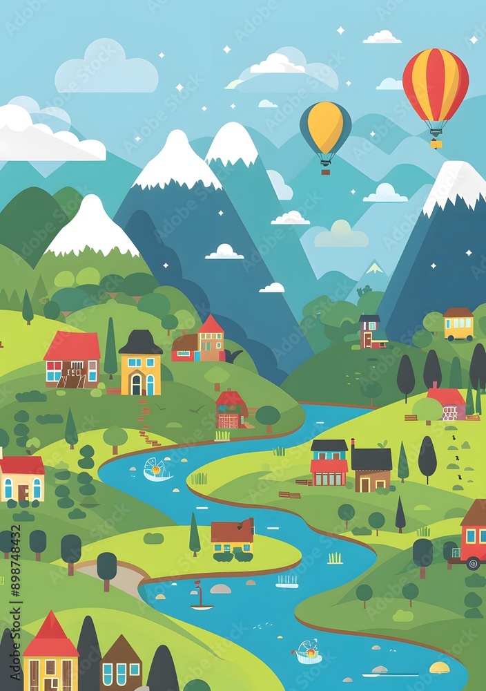 Fototapeta premium Cartoon Mountain Landscape with Houses and River