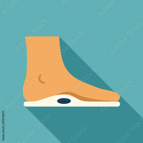 Human foot standing on special orthopedic insole for flatfoot treatment, side view