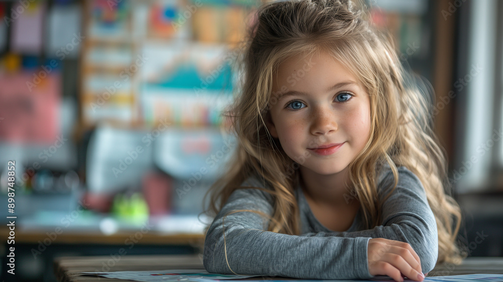 A telephoto angle photo of a young girl leaning on a table in an office, with a bulletin board full of charts and graphs behind her, with copy space A telephoto angle photo of a young girl leaning on a table in an office, with a bulletin board full of charts and graphs behind her, with copy space