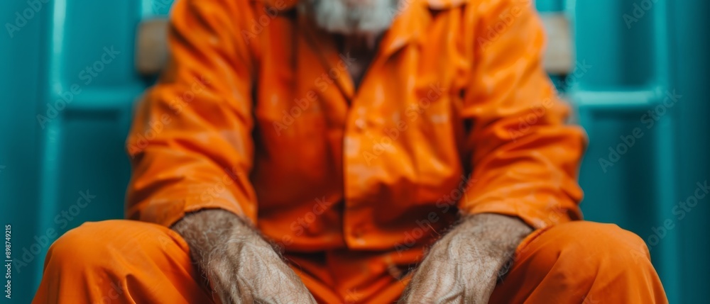 Fototapeta premium A man in an orange jumpsuit sits on a blue chair, his hands in his pockets