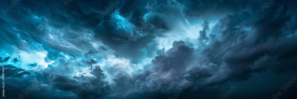 Fototapeta premium A wide angle photograph of a dark sky filled with dramatic thunderstorm clouds, illuminated by flashes of lightning