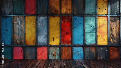 Colorful wall, dark wood, steel frames. photo