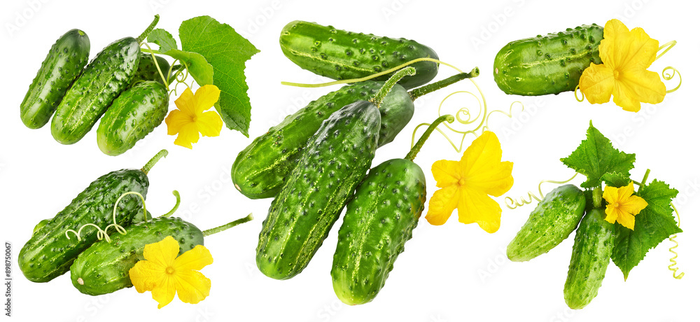 Collage mix set of Fresh cucumbers with yellow flowers and green leaves. Ripe cucumber vegetables. Organic food. Isolated on white background Collage mix set of Fresh cucumbers with yellow flowers and green leaves. Ripe cucumber vegetables. Organic food. Isolated on white background