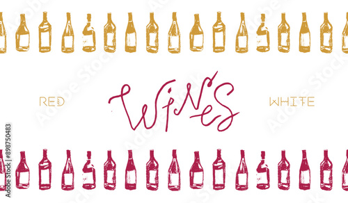 Wine bottles seamless pattern. Hand-drawn coal sketches of red wines and white wines in vector. Winery frame design, grape alcohol pattern.