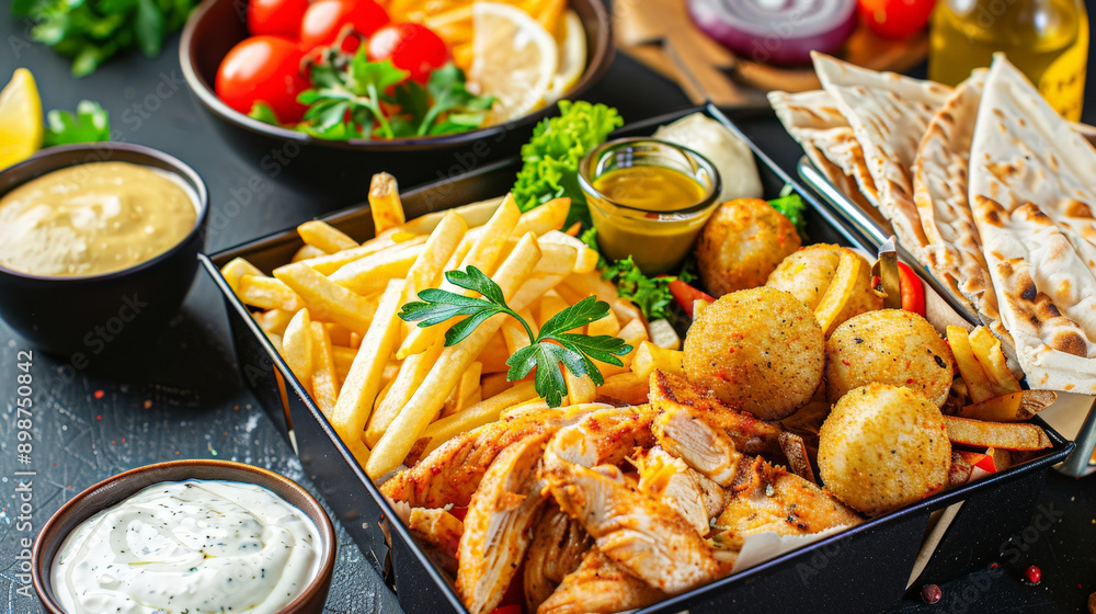 frybox with fries, chicken, potato balls, pita and more frybox with fries, chicken, potato balls, pita and more