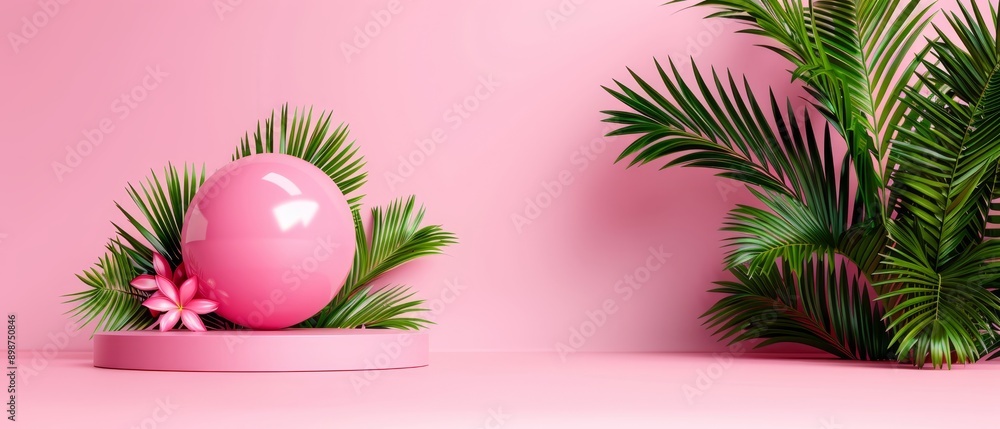  A pink egg atop a table Nearby, a potted plant sits on a pink surface