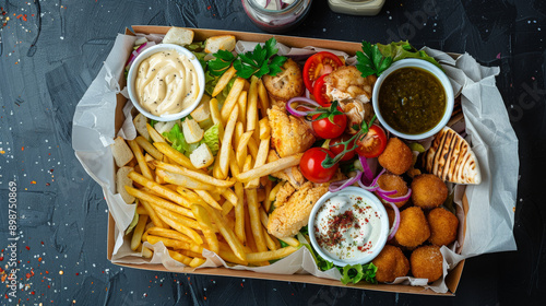 frybox with fries, chicken, potato balls, pita and more photo