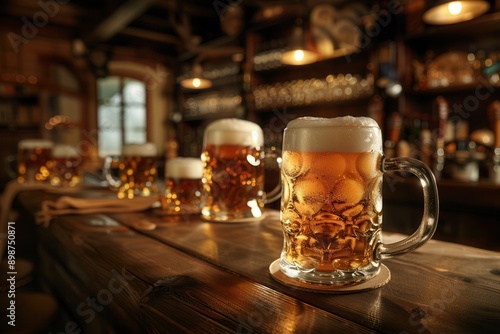 A row of full beer mugs with white foam sit on a wooden bar counter in a dimly lit pub. Generative AI