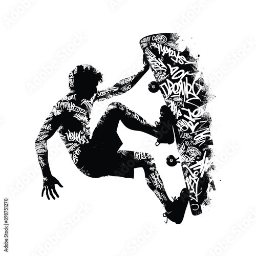 Climbing,  Bouldering  male player in graffiti tags, street art pattern illustration, emblem shield badge