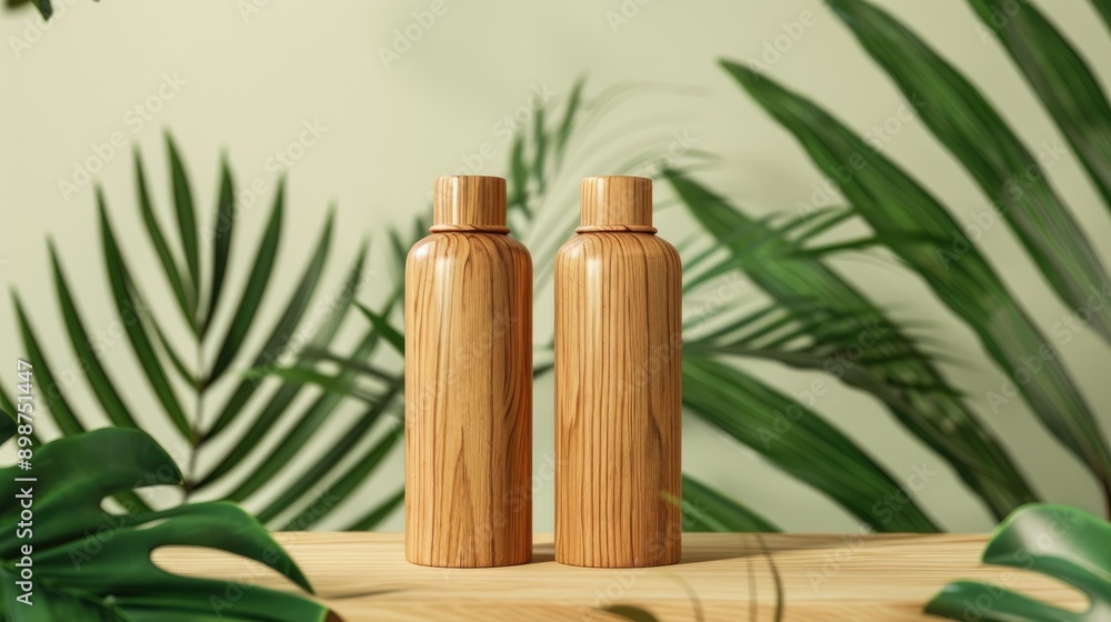 Wooden bottles on tropical plant background for cosmetics mockup Wooden bottles on tropical plant background for cosmetics mockup