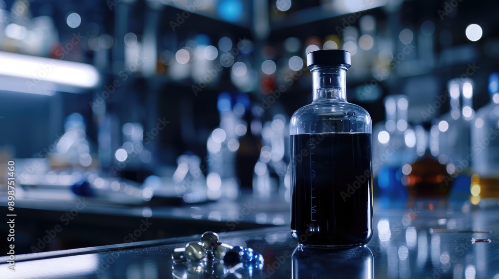 Focus on ethylene glycol in dark glass bottle in chemistry lab with space Focus on ethylene glycol in dark glass bottle in chemistry lab with space