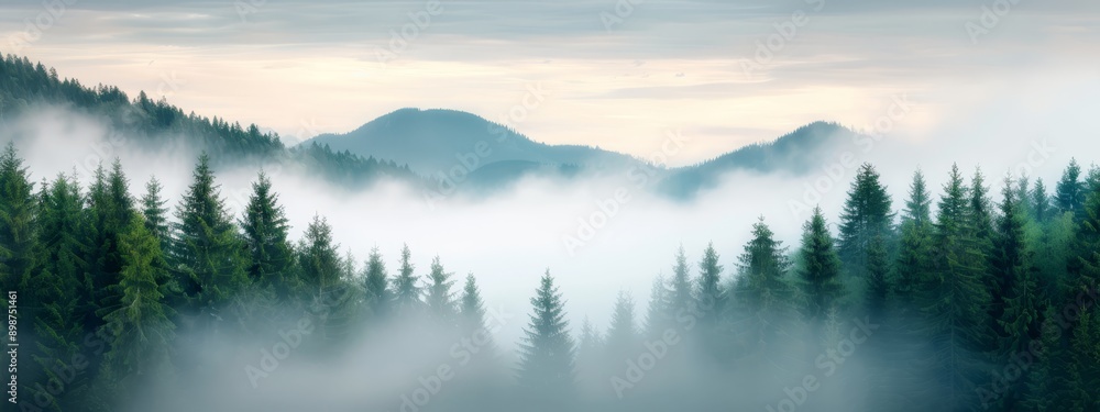 A forest teeming with countless green trees enshrouded in fog, accompanied by distant mountains against clearer skies A forest teeming with countless green trees enshrouded in fog, accompanied by distant mountains against clearer skies